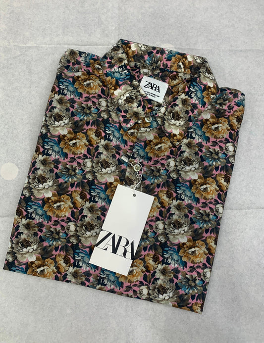 ZR RAZ Brown With Brown Grey Pink Floral Print Summer Full Sleeve Shirt 861600