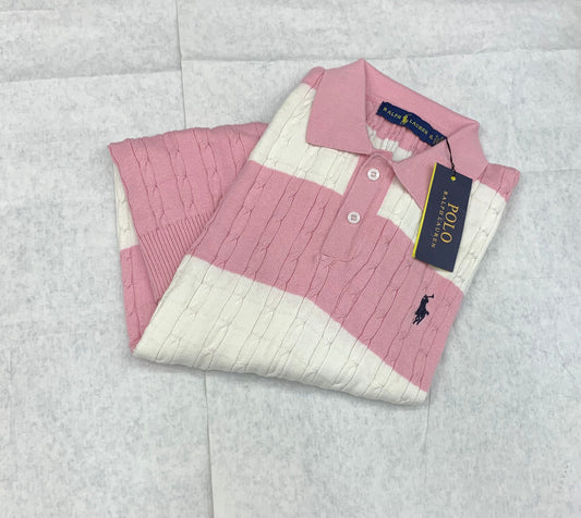 LOP LAR Pink White Colour With Front Embroiderey Knitting Collar Tshirt 50200
