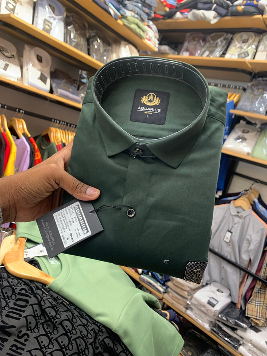 AQUARIUS Olive Green Colour With Front RUB Sticker Full Sleeve Men Shirt 2201