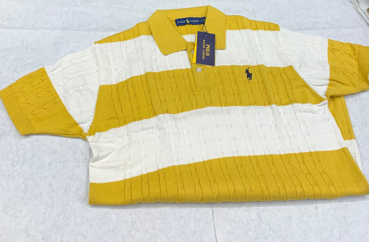 LOP LAR Yellow White Colour With Front Embroiderey Knitting Collar Tshirt 50196