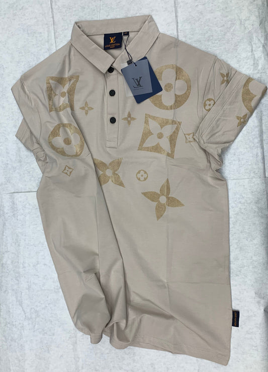 VL UOL Beige Colour With Star Print Lycra Fabric Collar Tshirt 50128