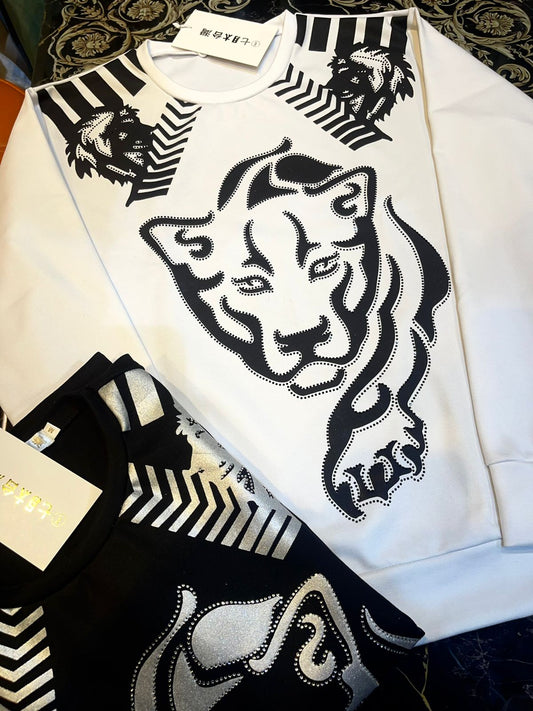 PHI IHP White Colour Black Tiger Print With Diamond Sweatshirt 400723