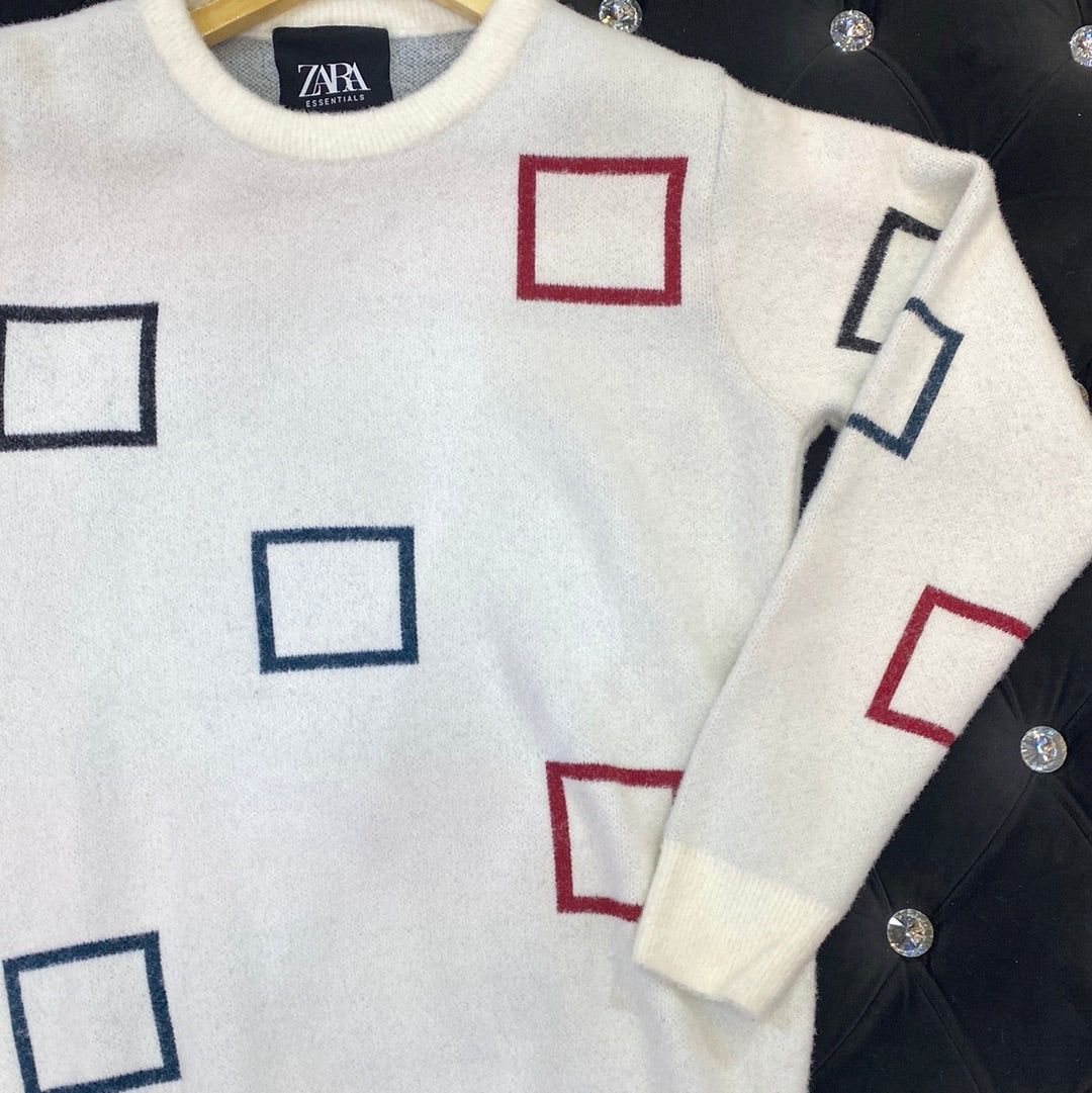 White ZR Soft Square Design Sweater for Men Unisex 9110