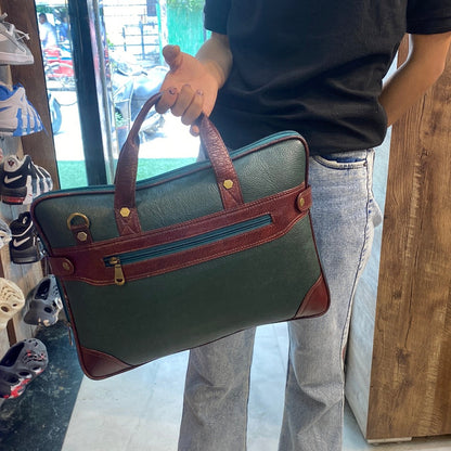 Green Maroon Colour Zipper Genuine Leather Laptop Bag 4204