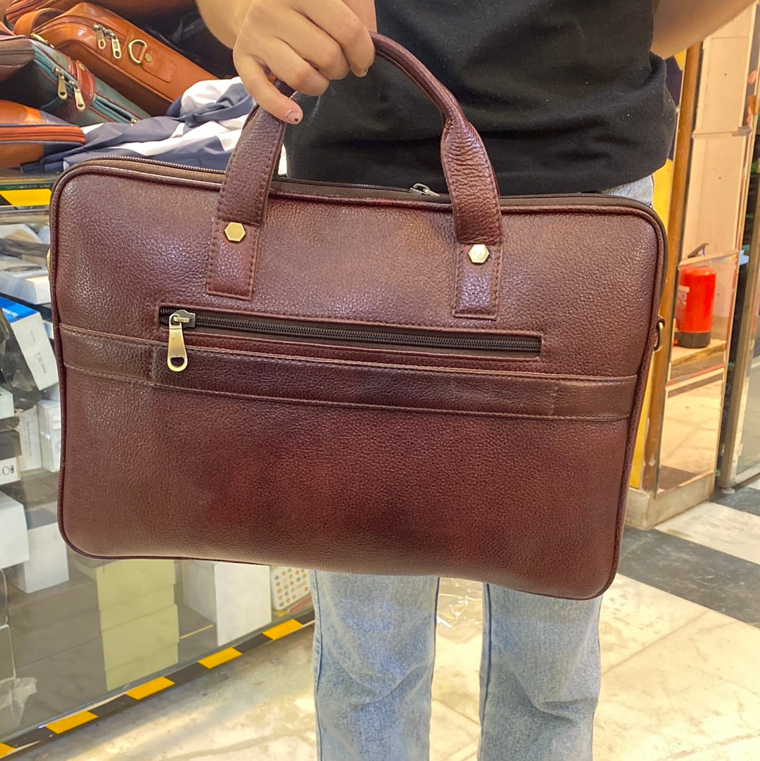 Cherry Colour Zipper Genuine Leather Laptop Bag 4206