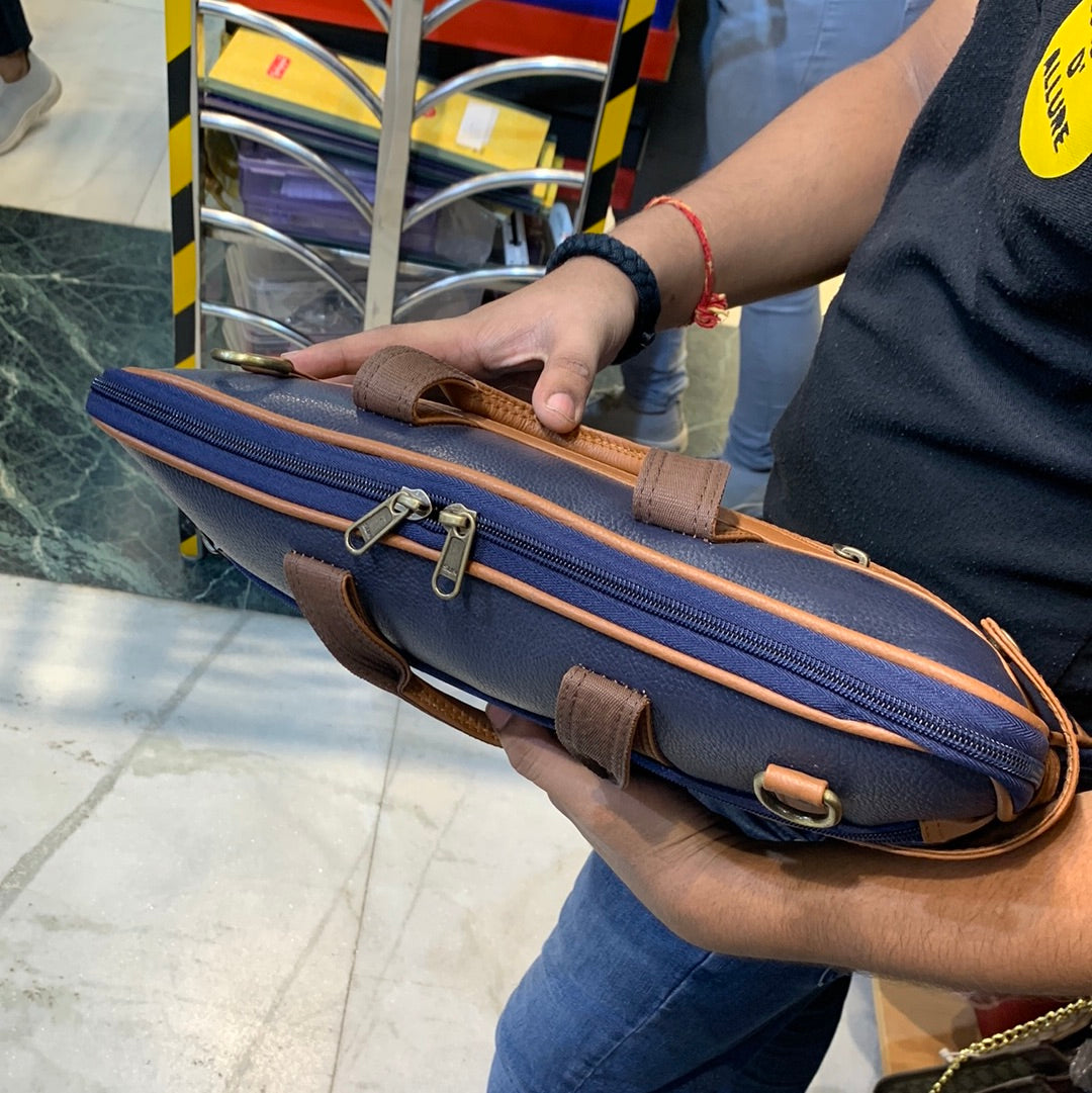 Navy Blue Brown Colour Double Zipper Genuine Leather Laptop Bag 4215