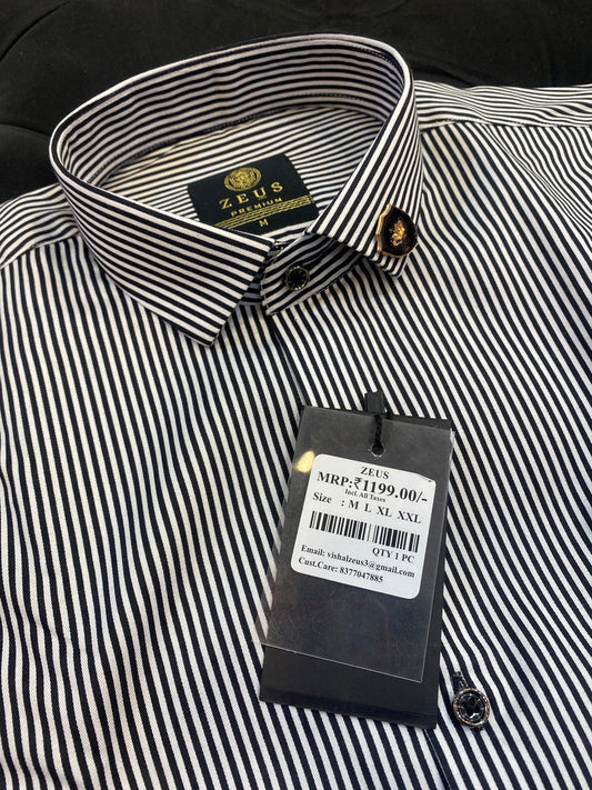 ZEUS White Black Colour With Black Lines Lycra Cotton Full Sleeves Shirt 47885