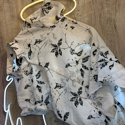 Massimo Dutti White Shirt White Flowers Black Leaves Print Lilen Men Shirt 1876