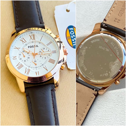Brown Strap Copper Chrono Men Watch Formal White Dial Casual Leather 400692