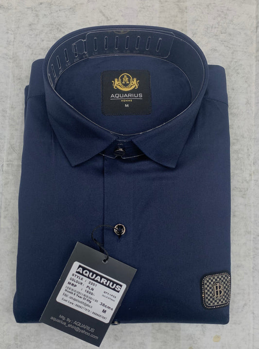 AQUARIUS Navy Blue Colour With Front Rub Sticker Full Sleeve Men Shirt 2201