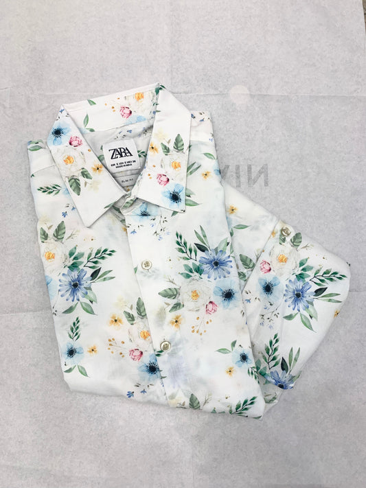 ZR RAZ White With Green Blue Pink Floral Print Summer Full Sleeve Shirt 861601