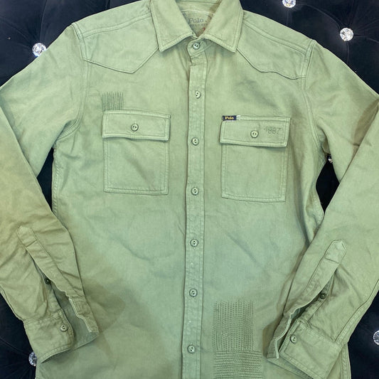 Green Colour LOP Branded Rough Ripped Look Design Imported Denim Shirt 78965
