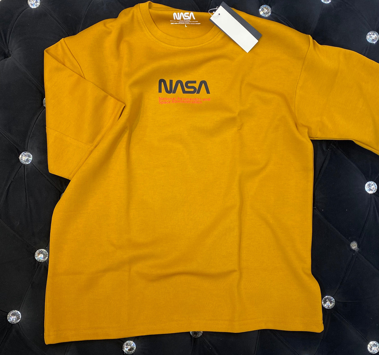 NASA Mustard Colour With NASA Back Print Lycra Fabric Drop Shoulder TShirt 298141