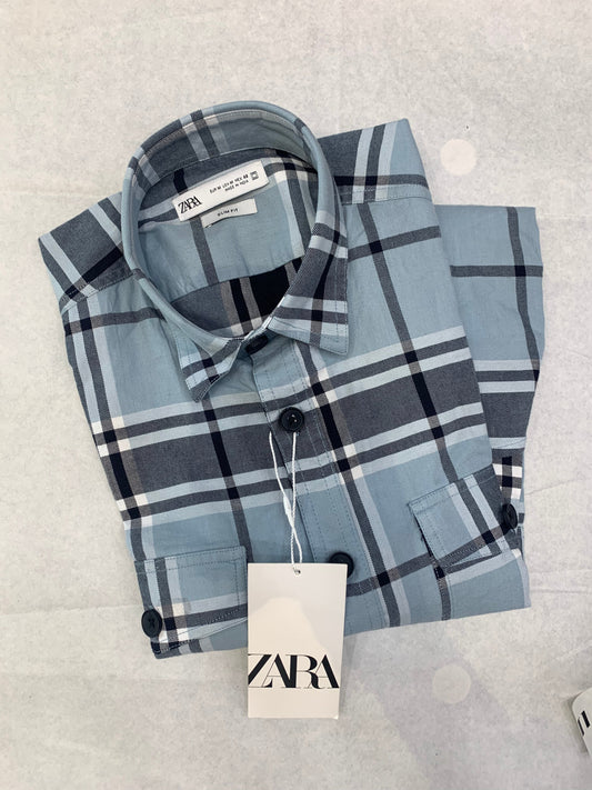 ZR Sky Blue Grey Color Check Premium Quality Full Sleeve Shirt 861059