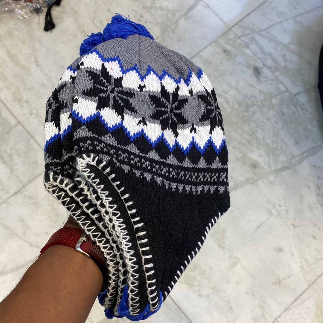 Blue Grey Black Colour Ear flaps features braided tassels Beanie Cap 9338