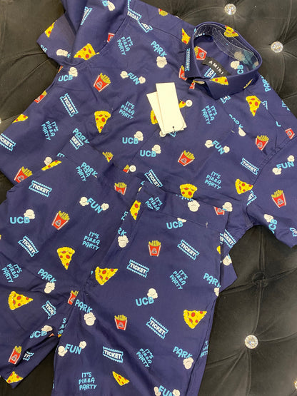 IMA Navy Blue Colour With Ticket UCB Pizza Print Important Shirt With Shorts Coord Set 298165