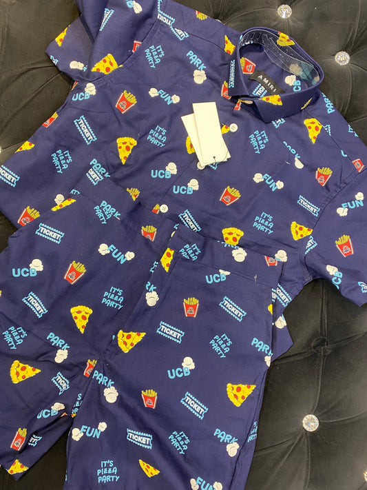 IMA Navy Blue Colour With Ticket UCB Pizza Print Important Shirt With Shorts Coord Set 298165