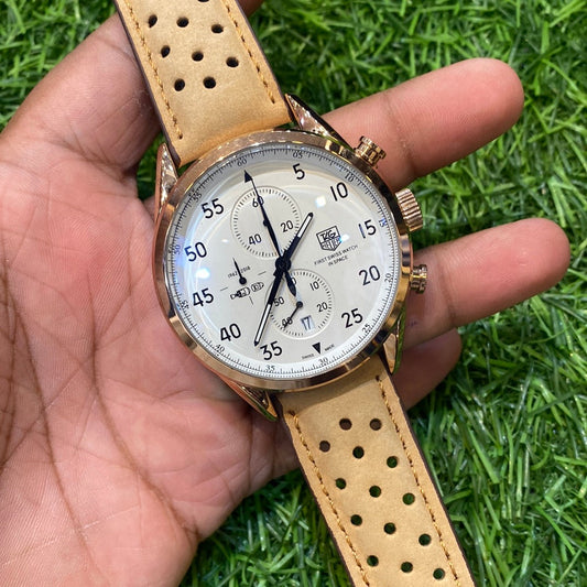 GAT Tan Leather Strap White Dial Chrono Watch for Men 400902