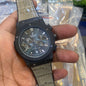 Dark Grey Leather Strap black Dial Chrono Watch For Men