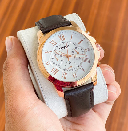Brown Strap Copper Chrono Men Watch Formal White Dial Casual Leather 400692