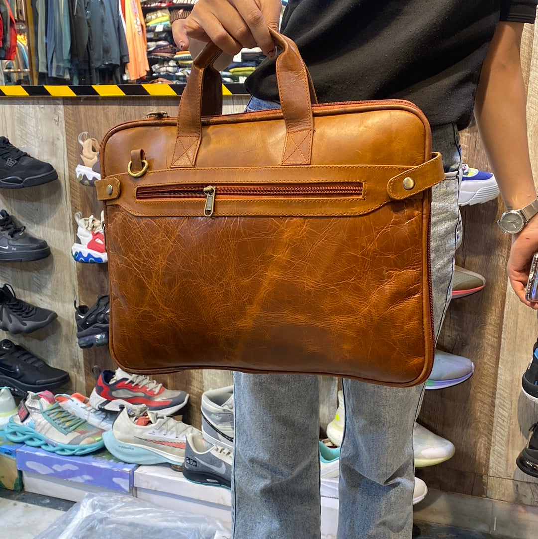 Tan Colour Double Zipper Genuine Leather Laptop Bag 4207
