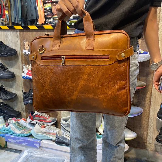 Tan Colour Double Zipper Genuine Leather Laptop Bag 4207
