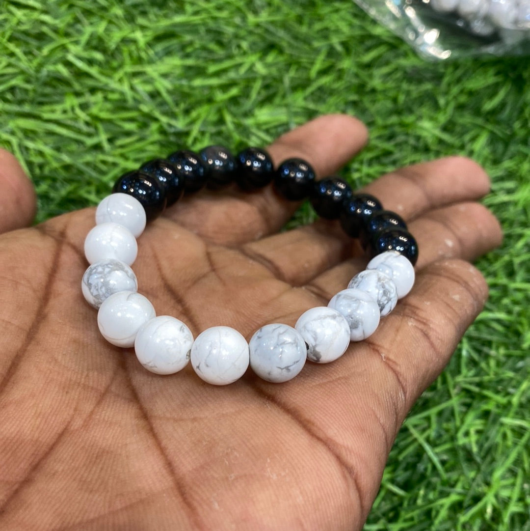 Howlite With Black Obsidian Natural Stone Beads Unisex Bracelet