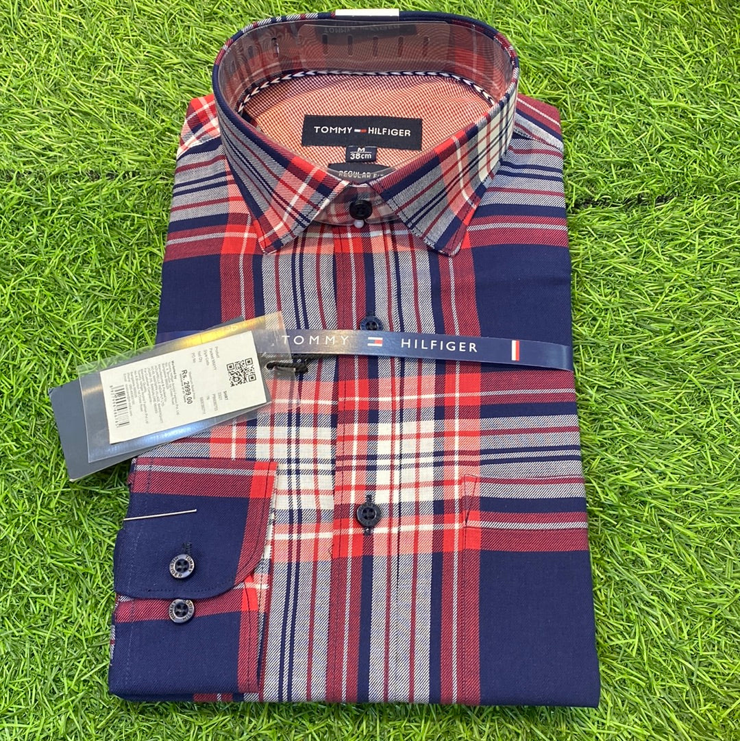 Grey Red Blue White Check Shirt Tom Mot Lycra Cotton Men’s Wear Shirt. 8907994486785
