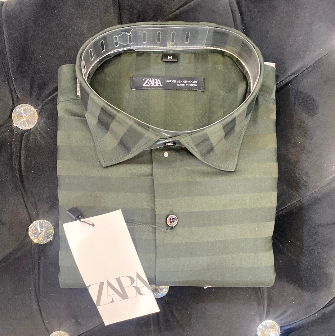 Olive Green Colour ZR Zar Raz With Dark Green Lines Relaxed Fit Branded Shirts 9112