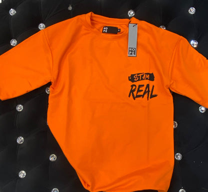 HOPE Orange Colour With Stay Real And Back Print Drop Shoulder TShirt 108546
