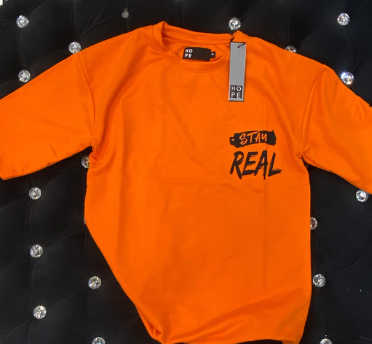 HOPE Orange Colour With Stay Real And Back Print Drop Shoulder TShirt 108546