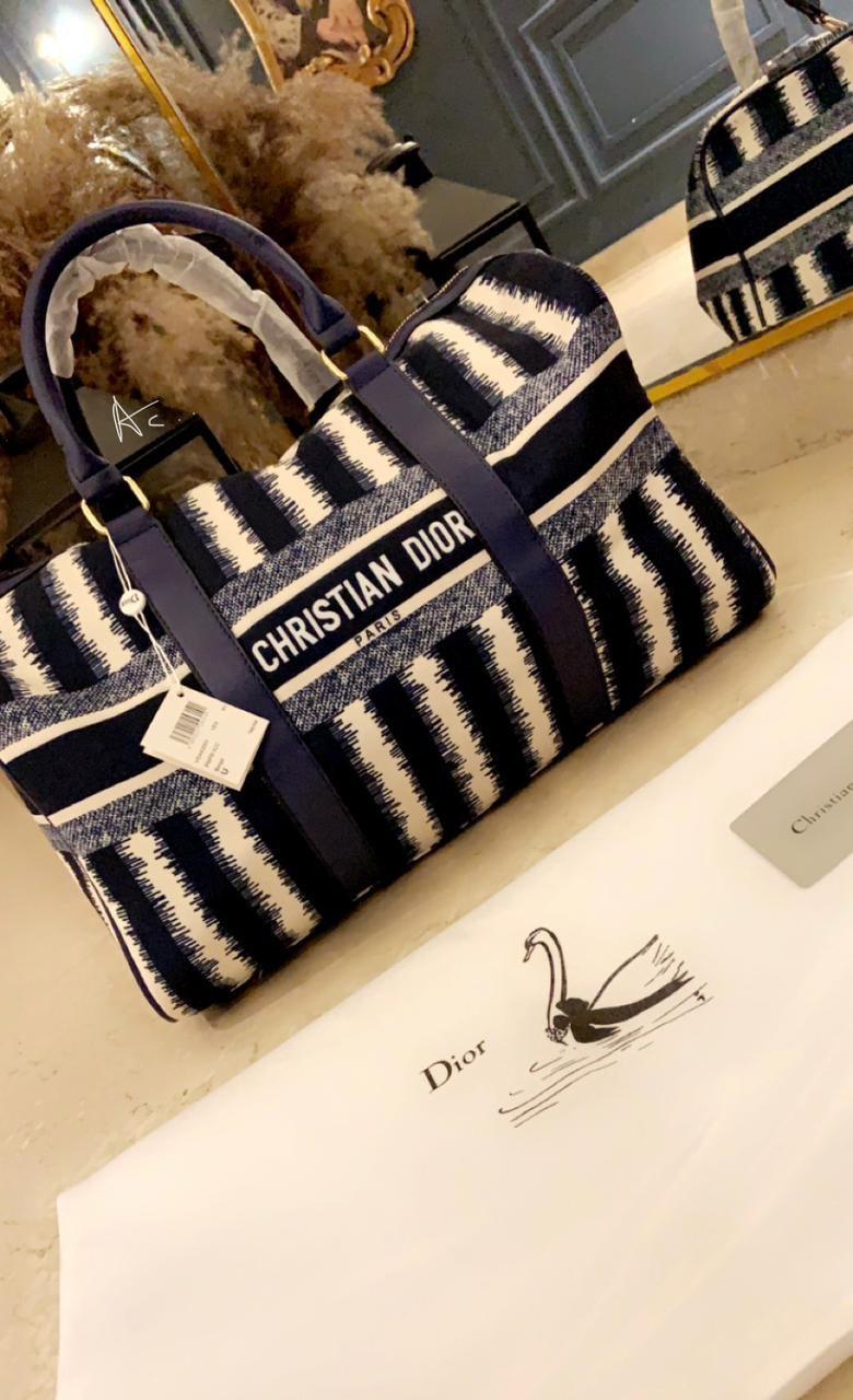 Oid Navy Blue Cream Colour Line Print Duffle Bag 5014