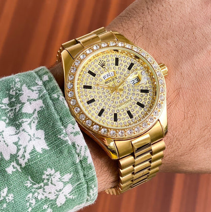 LOR Golden Gold Stud Diamond Watch for Him Her Men Ladies Watch 400693