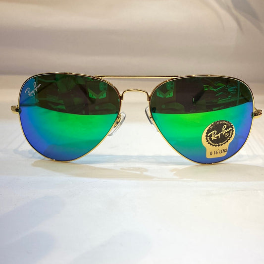 YAR RB Glossy Gold Frame Green Blue Shade Unisex Aviator Sunglasses RB3026 B2 14 138
