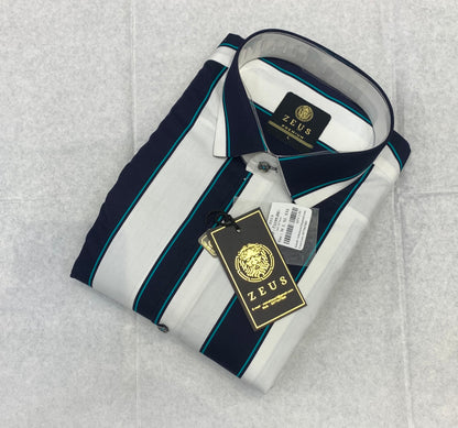 Zeus White Colour With Teal Navy Blue Big Stripes Premium Quality Party Wear Shirt 788501