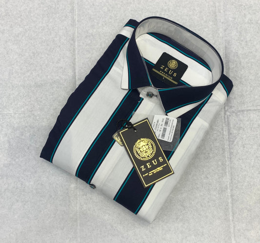 Zeus White Colour With Teal Navy Blue Big Stripes Premium Quality Party Wear Shirt 788501