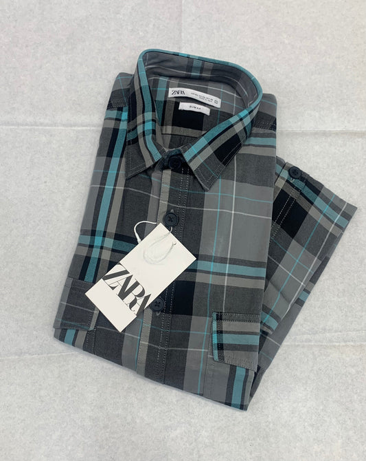 ZR Grey Teal Color Check Premium Quality Full Sleeve Shirt 861050