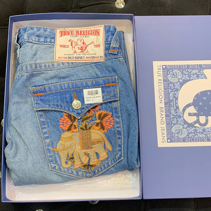 Urt Ler Blue Grey Back Side Elephant flower Embroidehry Mens Hight Quality Men’s bell bottom Jeans 32048