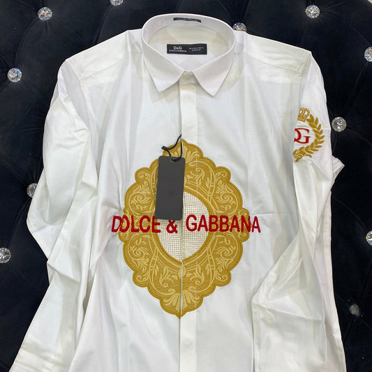 LOD DOL D&G White Colour Gold Embroidered Design DG Men’s Shirt’s 9166