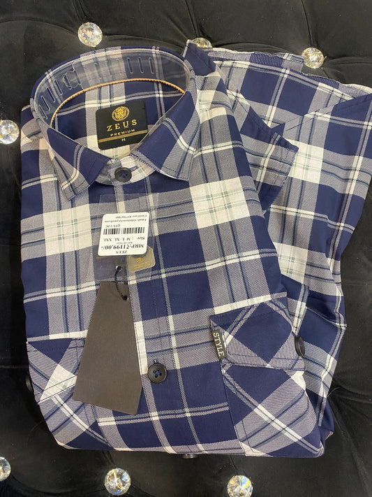 ZEUS White Navy Colour With Check Print Double Pocket Lycra Cotton Full Sleeves Shirt 567892