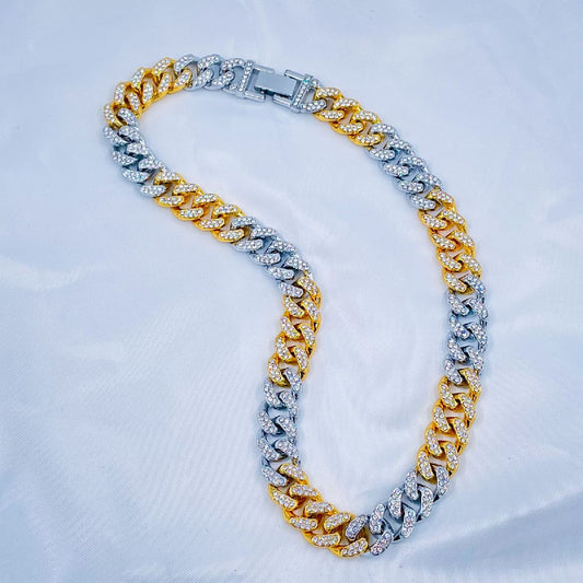 Hip Hop Iced Out Alloy Cuban Curvy Curb Gold Rhinestone Stainless Steel Two Tone Chain 502340