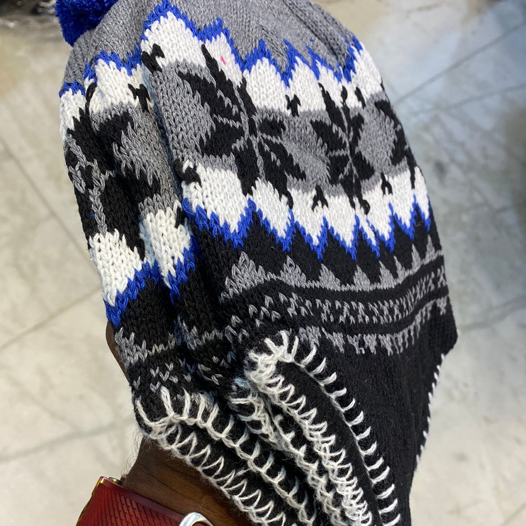 Blue Grey Black Colour Ear flaps features braided tassels Beanie Cap 9338