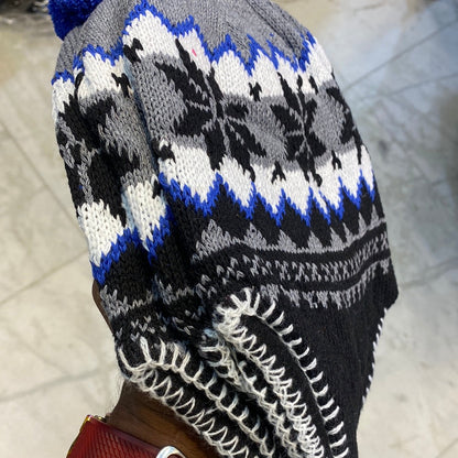 Blue Grey Black Colour Ear flaps features braided tassels Beanie Cap 9338