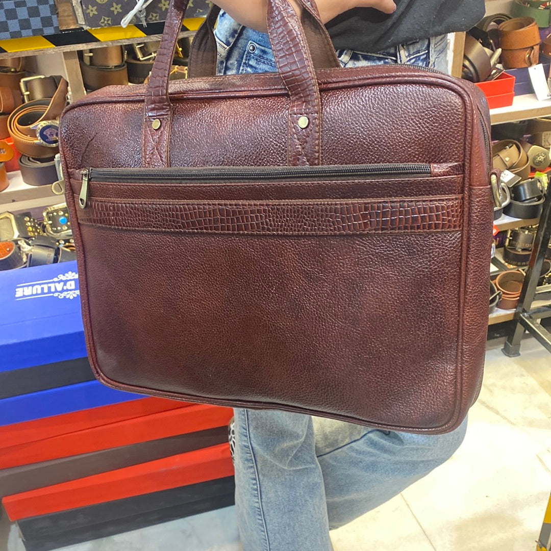 Cherry Colour Zipper Genuine Leather Laptop Bag 4212