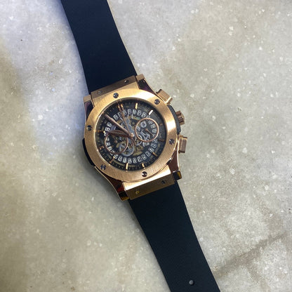 Black Strap Copper Dial Chrono Leather Silicone Strap Watch For Men