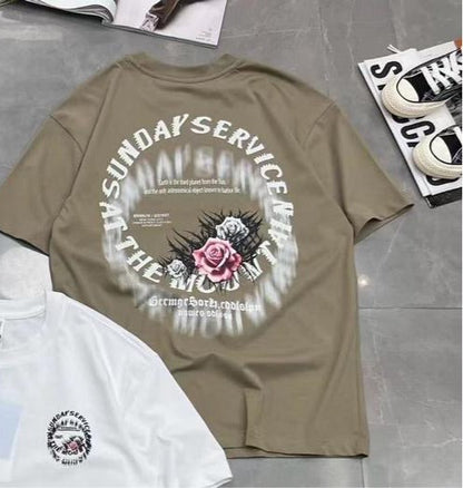 Khaki Colour Sunday Service With Back Print Drop Shoulder TShirt 298116