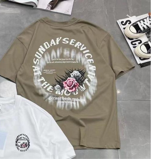 Khaki Colour Sunday Service With Back Print Drop Shoulder TShirt 298116