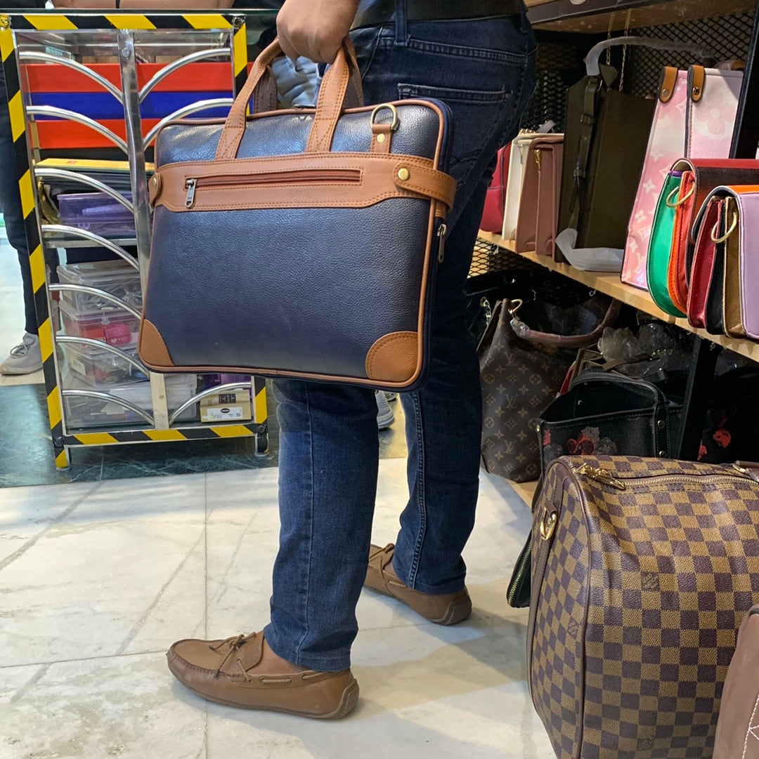 Navy Blue Brown Colour Double Zipper Genuine Leather Laptop Bag 4215