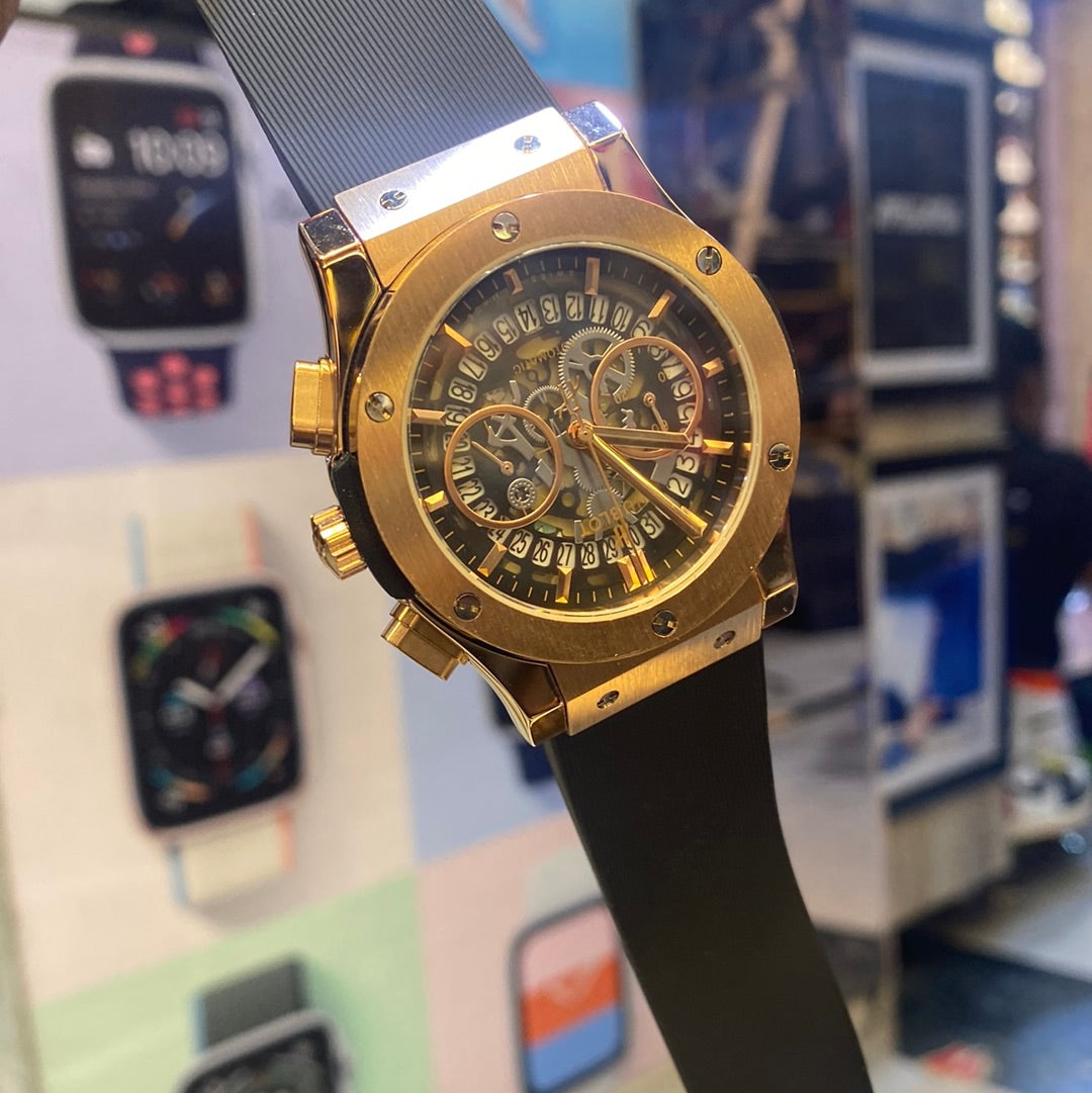 Black Strap Copper Dial Chrono Leather Silicone Strap Watch For Men