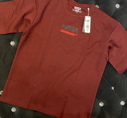 NASA Maroon Colour With NASA Back Print Lycra Fabric Drop Shoulder TShirt 298142